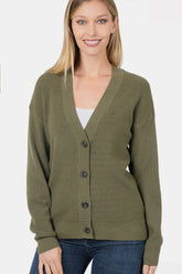Zenana Women's Button Up V-Neck Dropped Shoulder Cardigan - Versatile & Chic Layer